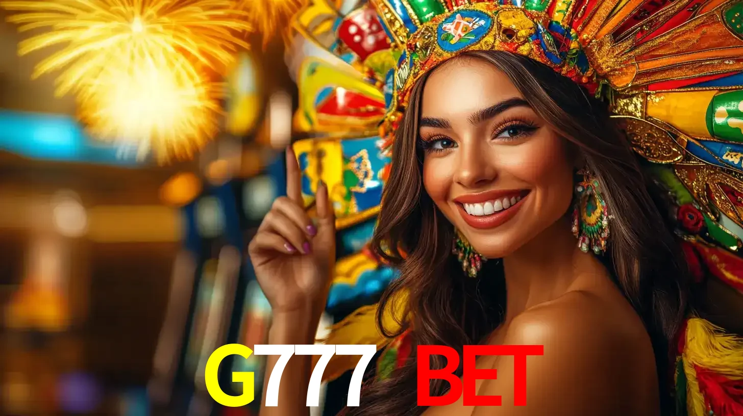 Mulher sorridente com um cocar de carnaval vibrante e colorido, celebrando uma grande vitória nos jogos do cassino G777 BET com fogos de artifício ao fundo.