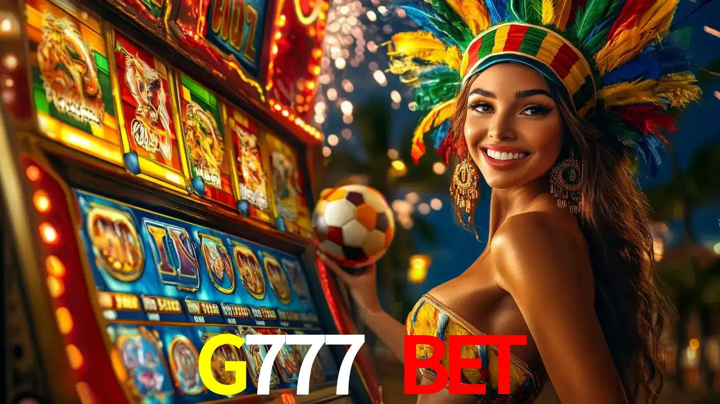 Mulher com um cocar de carnaval ao lado de uma máquina de caça-níqueis enquanto segura uma bola de futebol, mostrando a união da diversão de cassino e esportes no G777 BET.