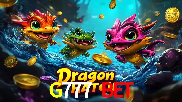 Arte promocional do jogo Dragon Hatch com três adoráveis dragões bebês nadando entre moedas de ouro, um dos slots mais divertidos para jogar no cassino G777 BET.