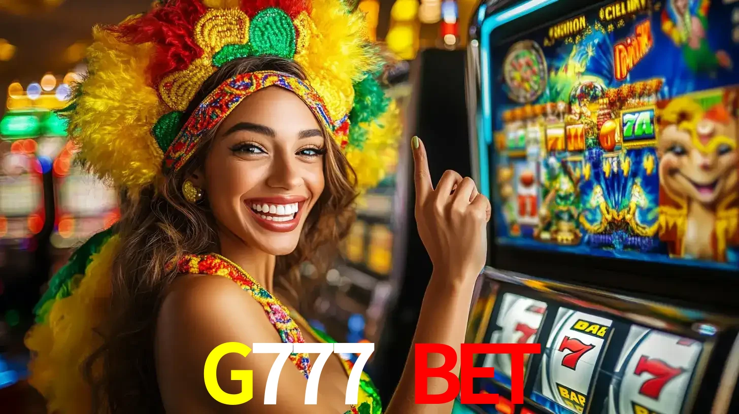 Mulher animada com um cocar de carnaval apontando para uma máquina de caça-níqueis, mostrando a emoção de ganhar um grande prêmio nos jogos do G777 BET.