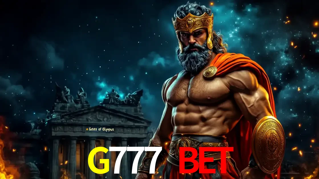 O poderoso Zeus do jogo de slot Gates of Olympus em frente ao seu templo, pronto para lançar multiplicadores divinos e prêmios épicos no cassino online G777 BET.