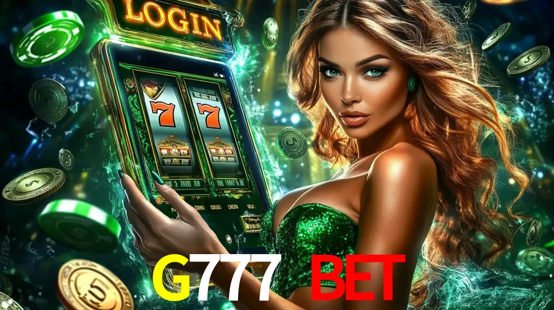 Mulher com tema verde apresentando o aplicativo do cassino G777 BET com um jogo de slot de 777, cercada por fichas de cassino e uma aura de sorte.