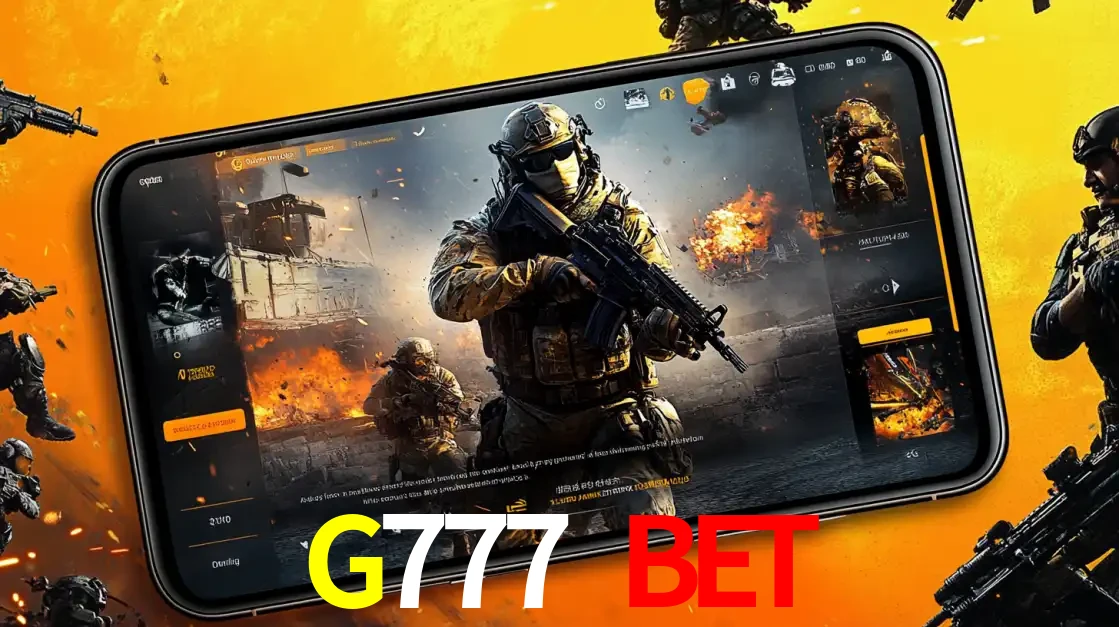 Um smartphone exibindo a interface de um jogo de tiro em primeira pessoa, com um soldado em um cenário de batalha, representando a ação dos e-sports para apostar no G777 BET.