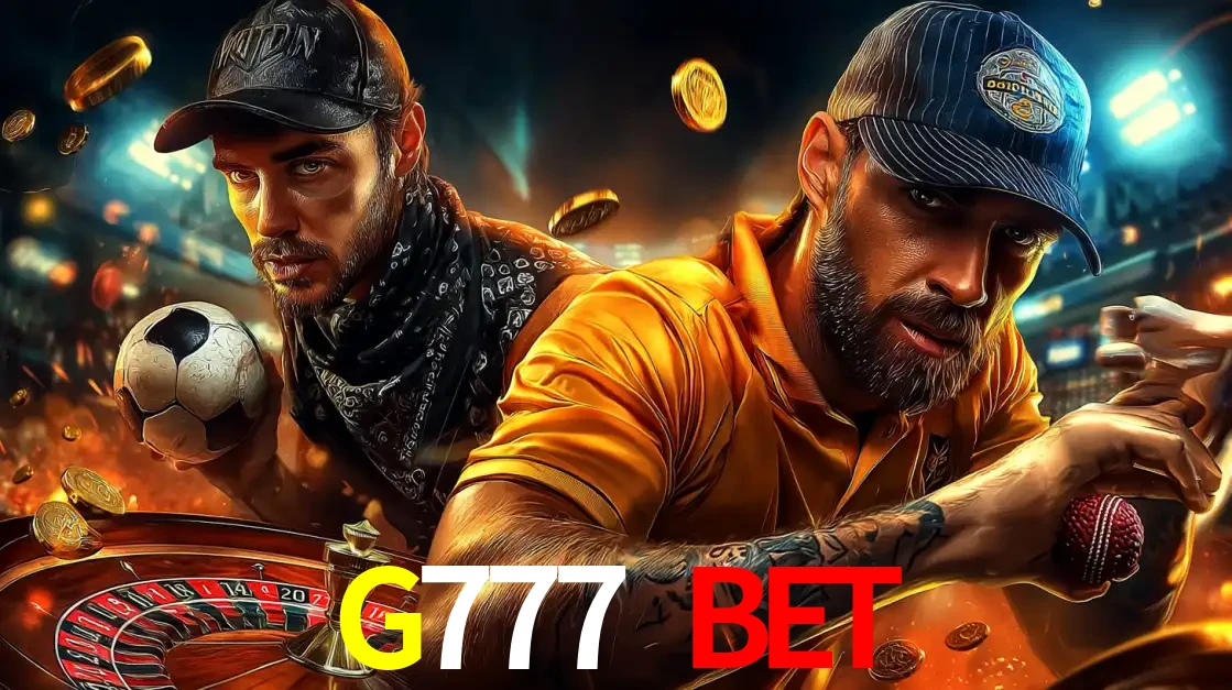 Montagem de apostas esportivas e cassino no G777 BET, com um homem segurando uma bola de futebol e outro uma de beisebol sobre uma roleta e moedas voadoras.