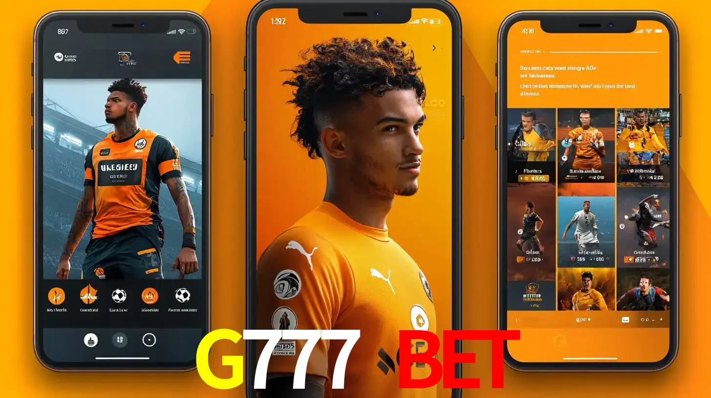 Interface do aplicativo de apostas esportivas G777 BET em três telas de celular, mostrando o perfil de um jogador de futebol e a lista de jogos disponíveis para apostar.