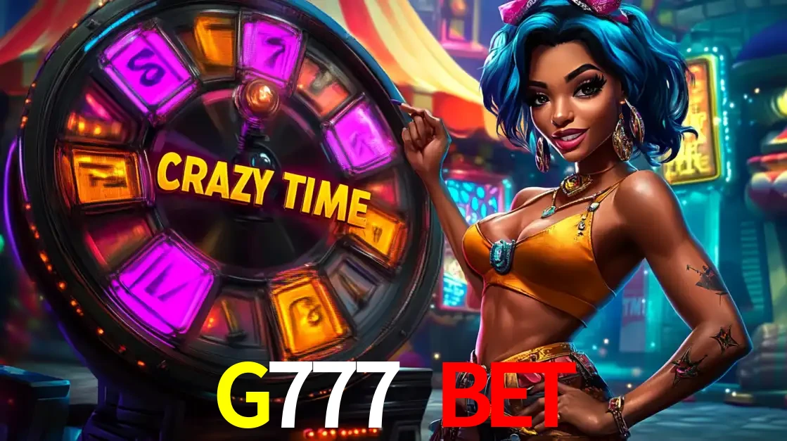 Mulher estilizada com cabelo azul e visual vibrante posando ao lado da roda de prêmios do game show Crazy Time, convidando para a diversão e os bônus do cassino G777 BET.