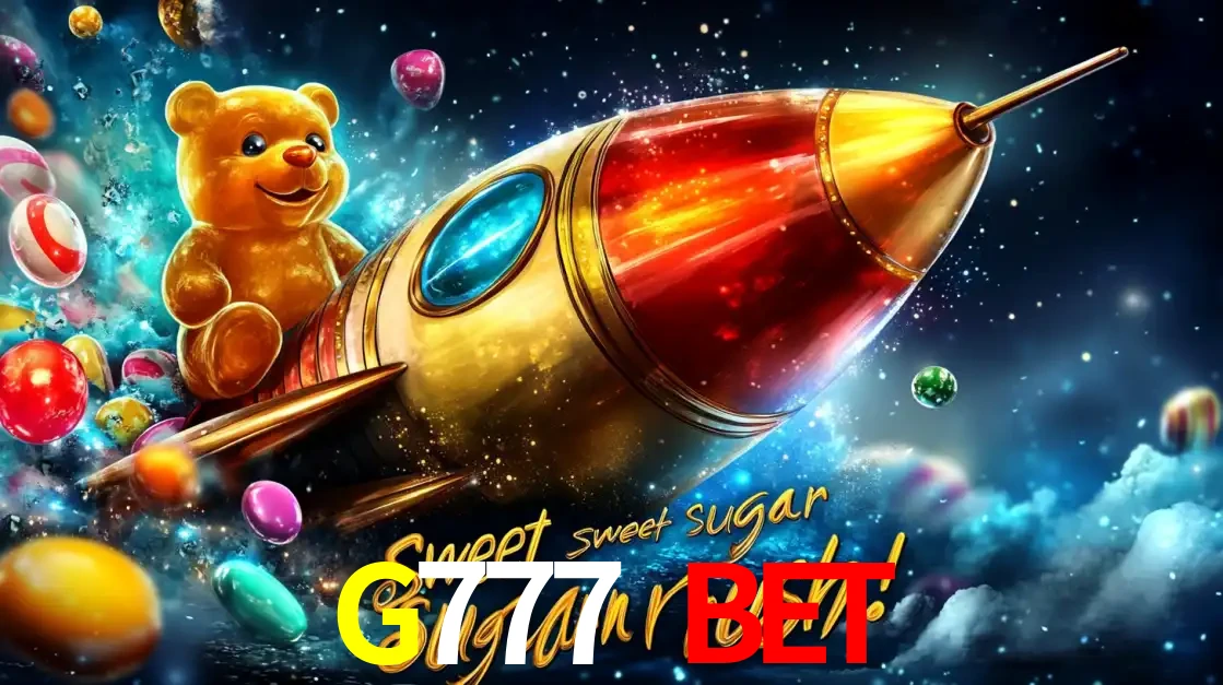 Arte promocional do jogo de slot Sugar Rush, com um urso de pelúcia em um foguete viajando pelo espaço de doces, um dos jogos divertidos disponíveis no cassino G777 BET.