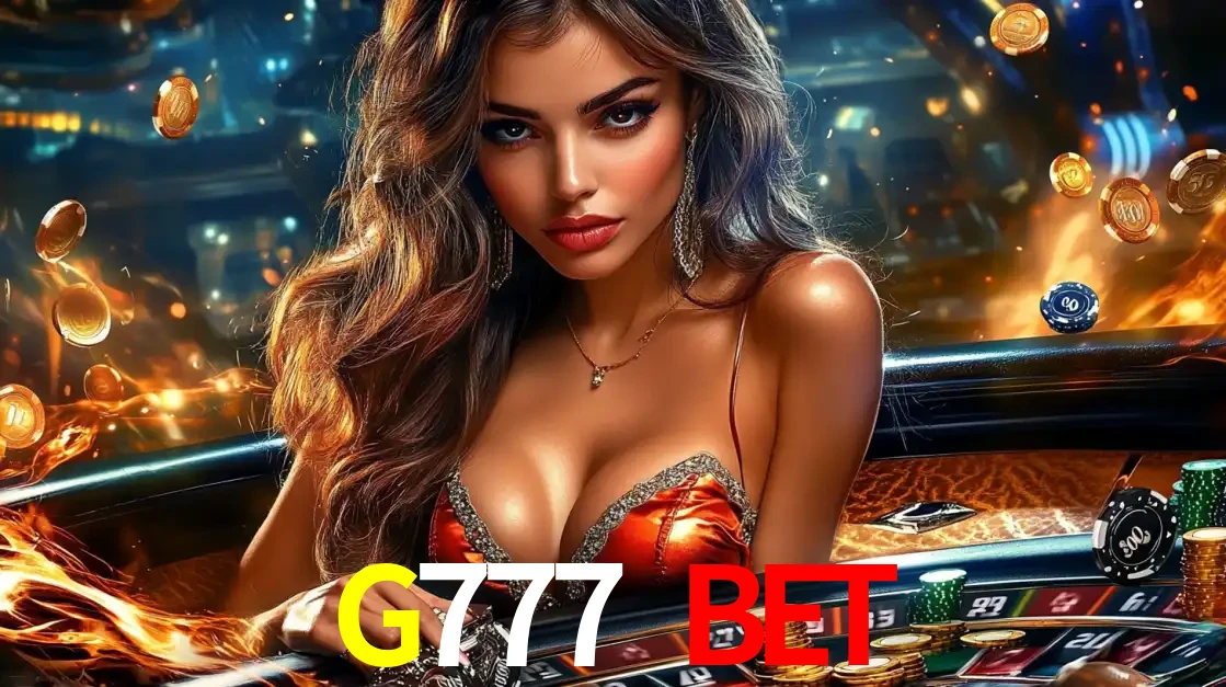 Mulher glamourosa em uma mesa de roleta com um fundo de chamas e moedas voadoras, pronta para fazer sua aposta e ganhar grandes prêmios no cassino ao vivo G777 BET.