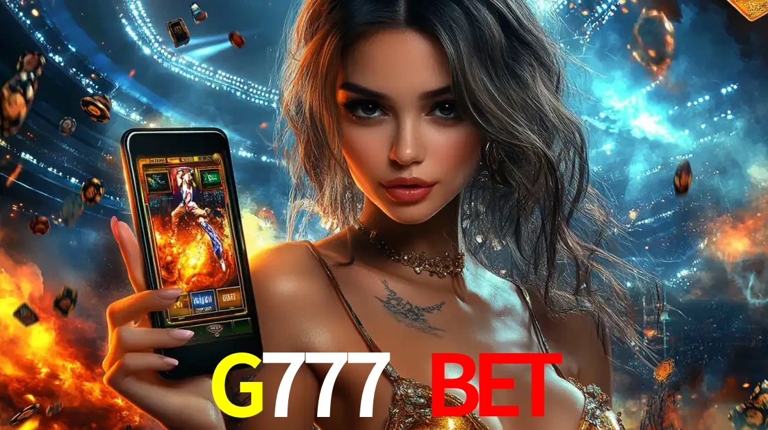 Mulher segurando um celular com um jogo de slot em destaque, tendo como fundo um estádio vibrante, simbolizando a emoção de jogar no cassino móvel G777 BET.