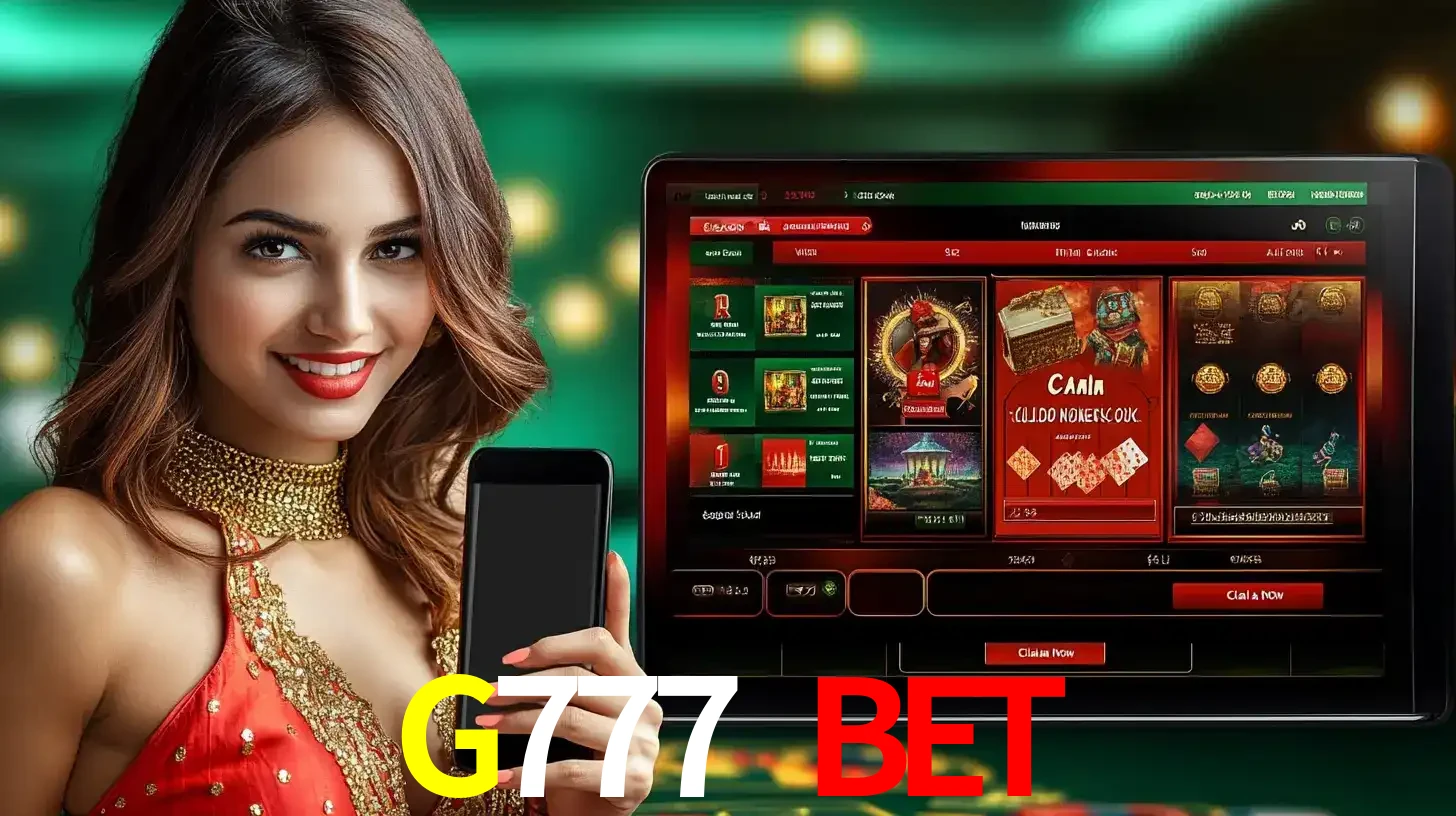 Mulher sorridente segurando um smartphone, ao lado de uma tela exibindo o lobby de jogos do cassino online G777 BET, com várias opções de jogos de cartas e slots.